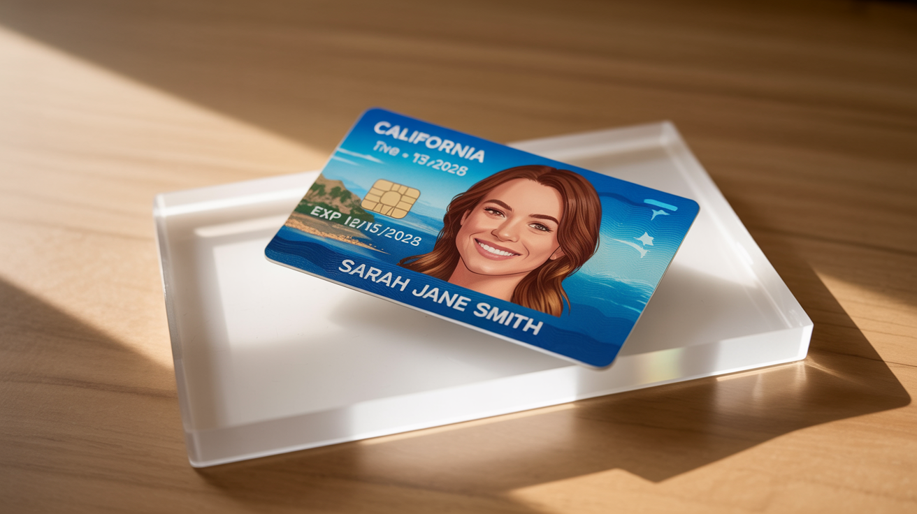 A photorealistic image of a new California Driver's License for Sarah Jane Smith, showing an updated photo and an expiration date of 2028. The ID card is resting on a clean white background.