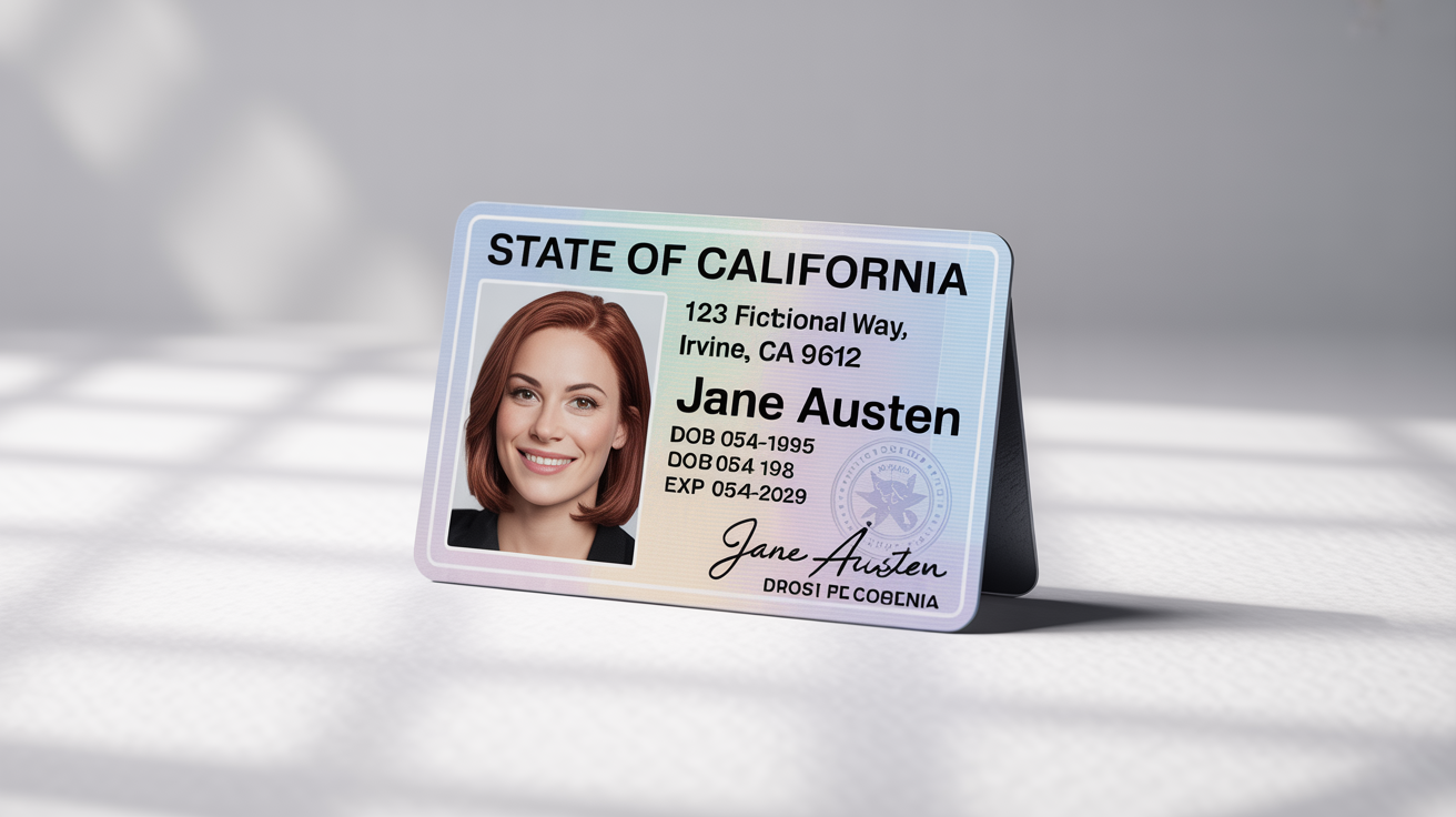 A realistic mockup of a fictional California driver's license for Jane Austen, shown angled on a clean white background.