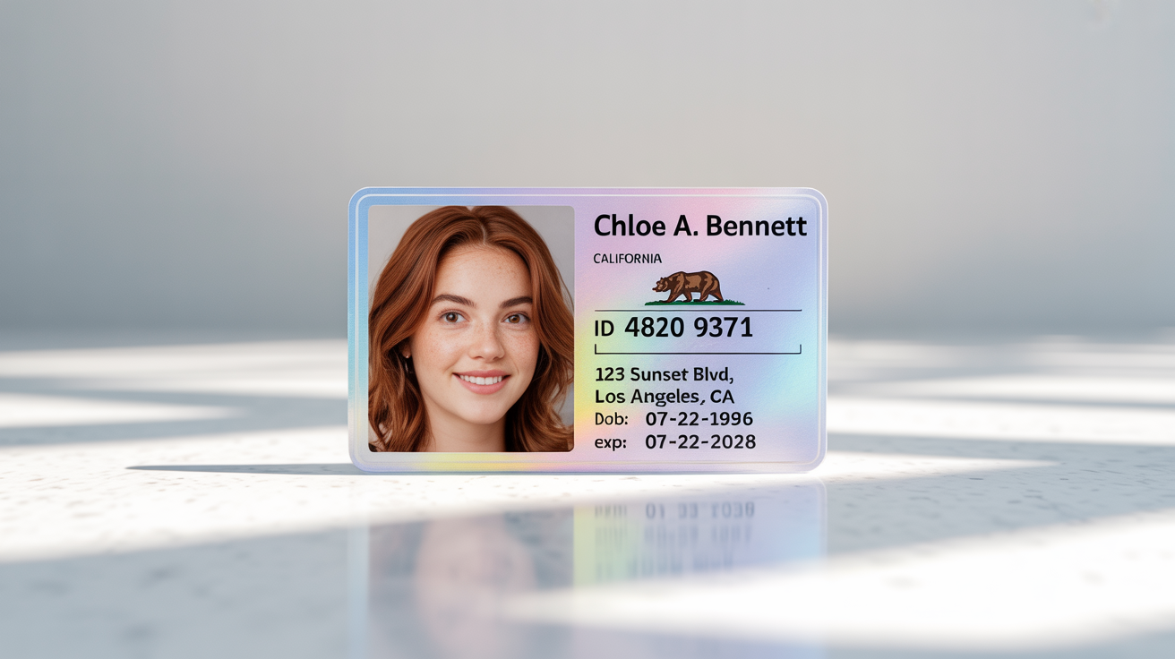 A photorealistic mockup of a modern California driver's license for 'Chloe A. Bennett', displayed on a clean white background, showing a photo and sample identification details.