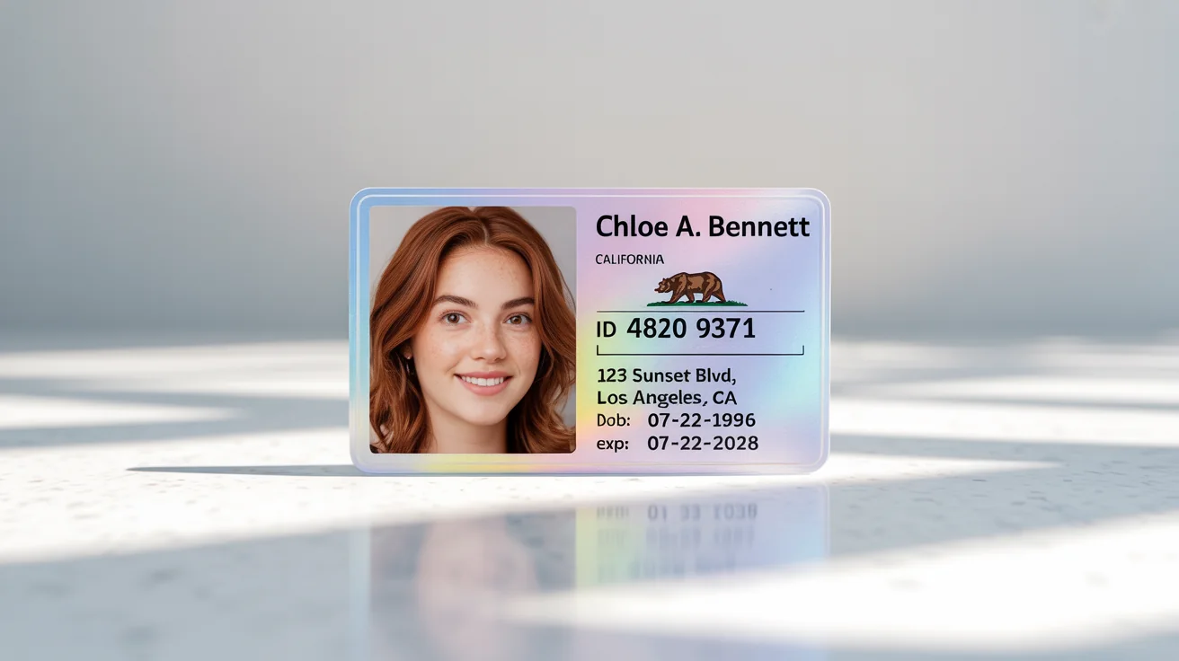 A photorealistic mockup of a modern California driver's license for 'Chloe A. Bennett', displayed on a clean white background, showing a photo and sample identification details.
