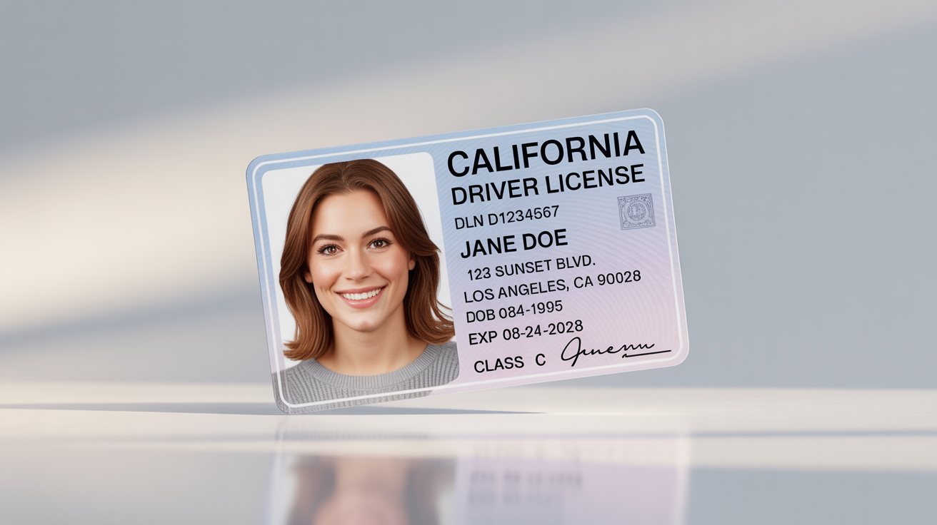 A realistic mockup of a fictional California driver's license for a person named Jane Doe, displayed on a clean white background.
