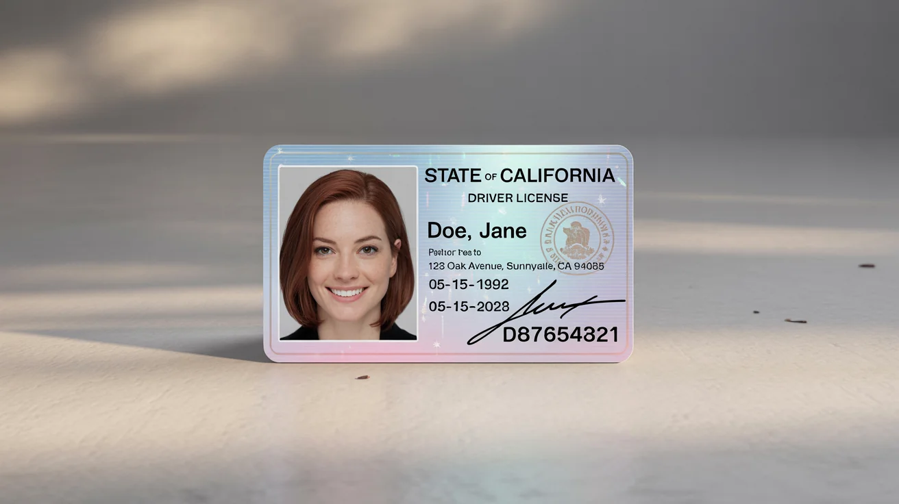 A highly realistic mockup of a fictional California driver's license for 'Jane Doe', displayed on a clean white background to showcase a high-quality ID card.