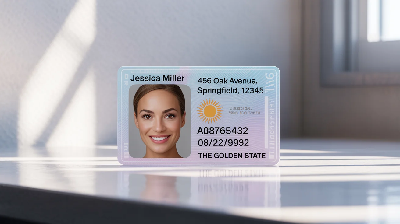 A realistic mockup of a modern, fictional driver's license for 'Jessica Miller', featuring her photo and details, set against a plain white background.