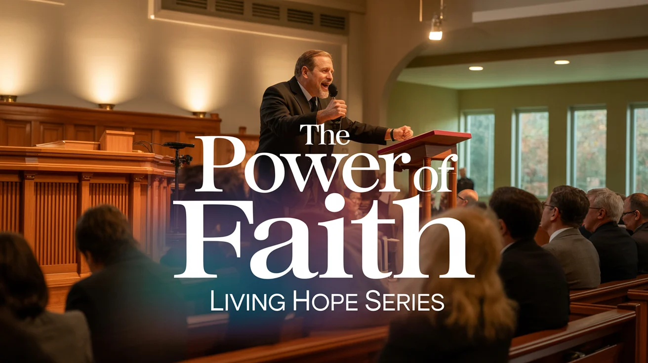 A professionally designed 16:9 sermon thumbnail showing a pastor preaching, with bold text overlaid that reads 'THE POWER OF FAITH' and 'LIVING HOPE SERIES'.
