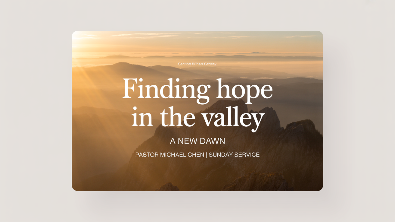 A mockup of a professionally designed sermon thumbnail. The background is a scenic sunrise over mountains, with the title 'Finding Hope in the Valley' and 'A NEW DAWN' in elegant text. The thumbnail is shown against a plain white background.