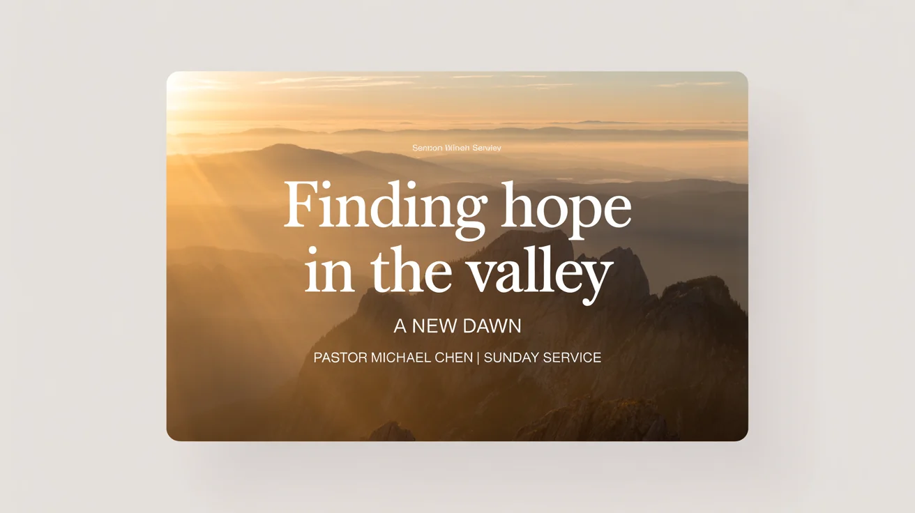 A mockup of a professionally designed sermon thumbnail. The background is a scenic sunrise over mountains, with the title 'Finding Hope in the Valley' and 'A NEW DAWN' in elegant text. The thumbnail is shown against a plain white background.