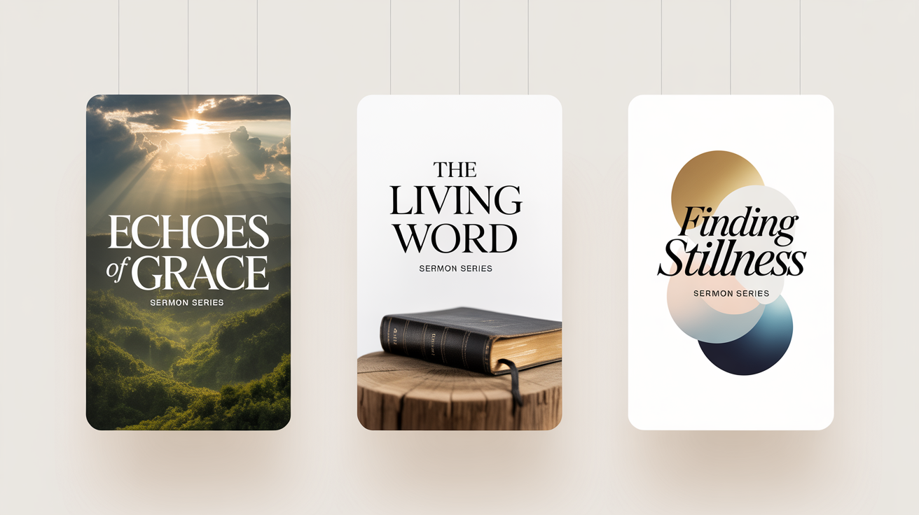 A mockup of three modern sermon thumbnails for YouTube, featuring titles like 'Echoes of Grace' and 'The Living Word', displayed against a clean white background.