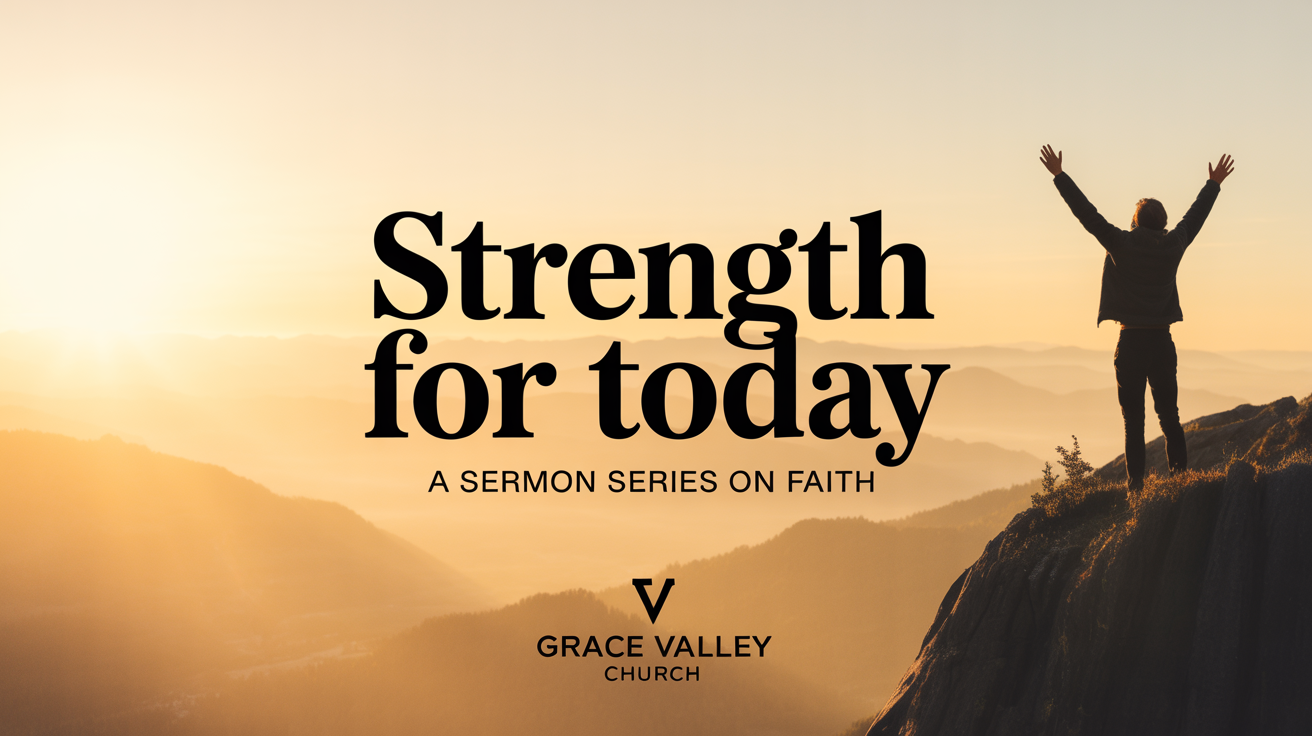 A mockup of a sermon thumbnail titled 'Strength for Today'. The image shows a sunrise over mountains with a person in silhouette, and includes the text 'A Sermon Series on Faith' and 'Grace Valley Church'.