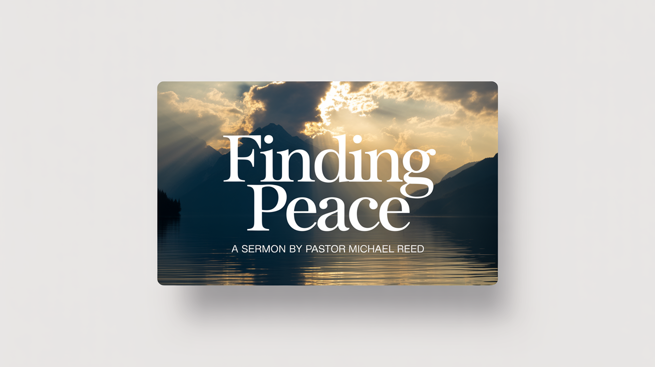 A mockup of a sermon thumbnail for a sermon titled 'Finding Peace'. The design features a beautiful image of sunbeams over a mountain lake, set against a plain white background.