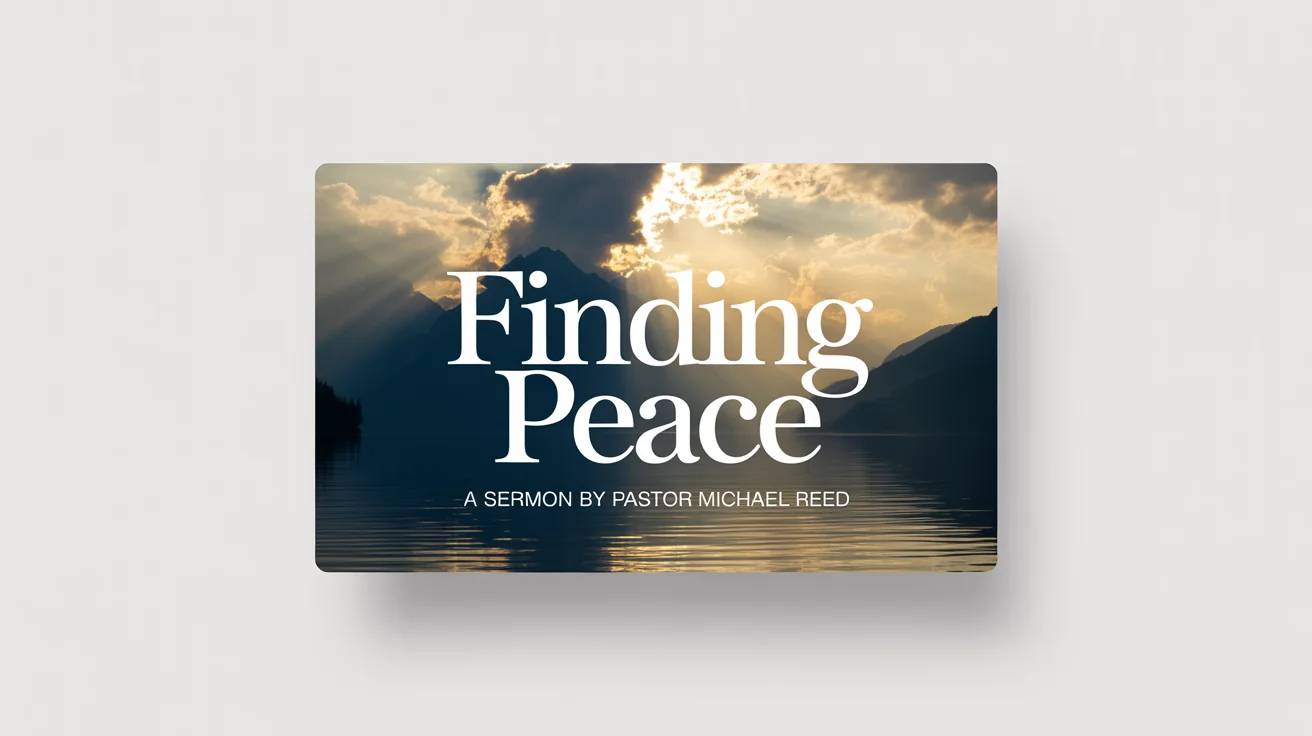 A mockup of a sermon thumbnail for a sermon titled 'Finding Peace'. The design features a beautiful image of sunbeams over a mountain lake, set against a plain white background.