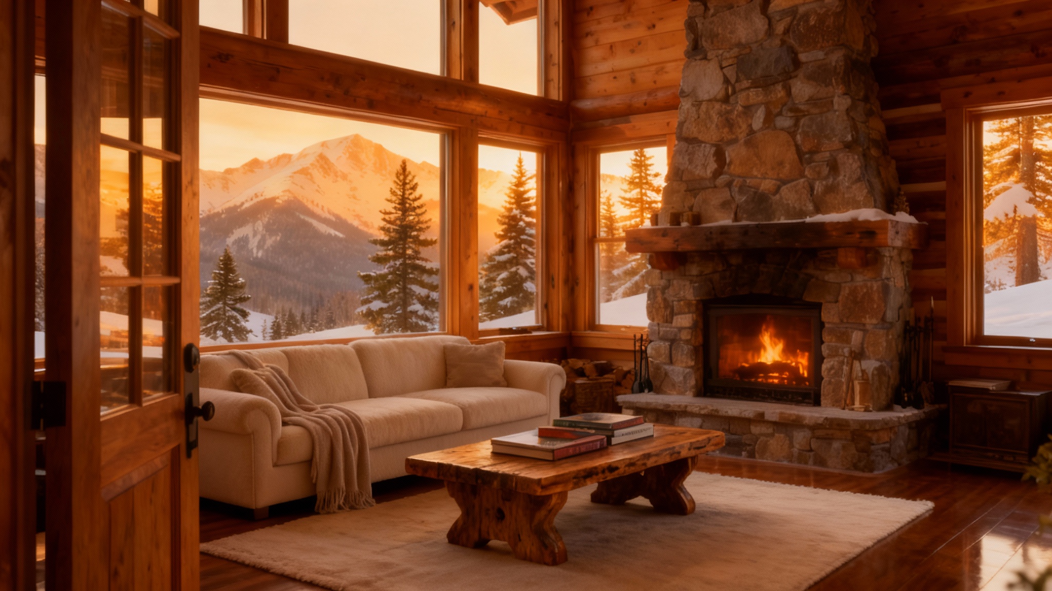 A professionally designed, luxurious mountain chalet living room at sunset, featuring a large stone fireplace, a comfortable sectional sofa, and expansive windows with a stunning view of snow-capped mountains.
