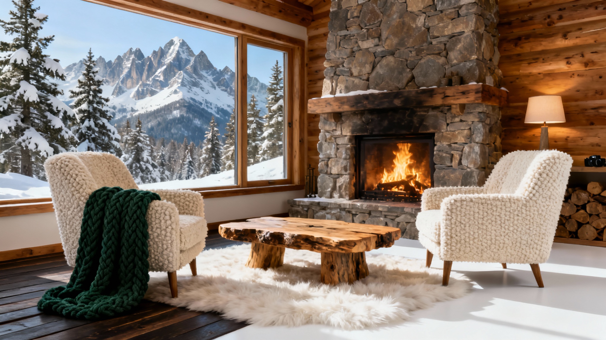 A cozy mountain chalet living room with a stone fireplace, plush armchairs, and a large window showing a snowy mountain landscape, presented as a mockup on a white background.