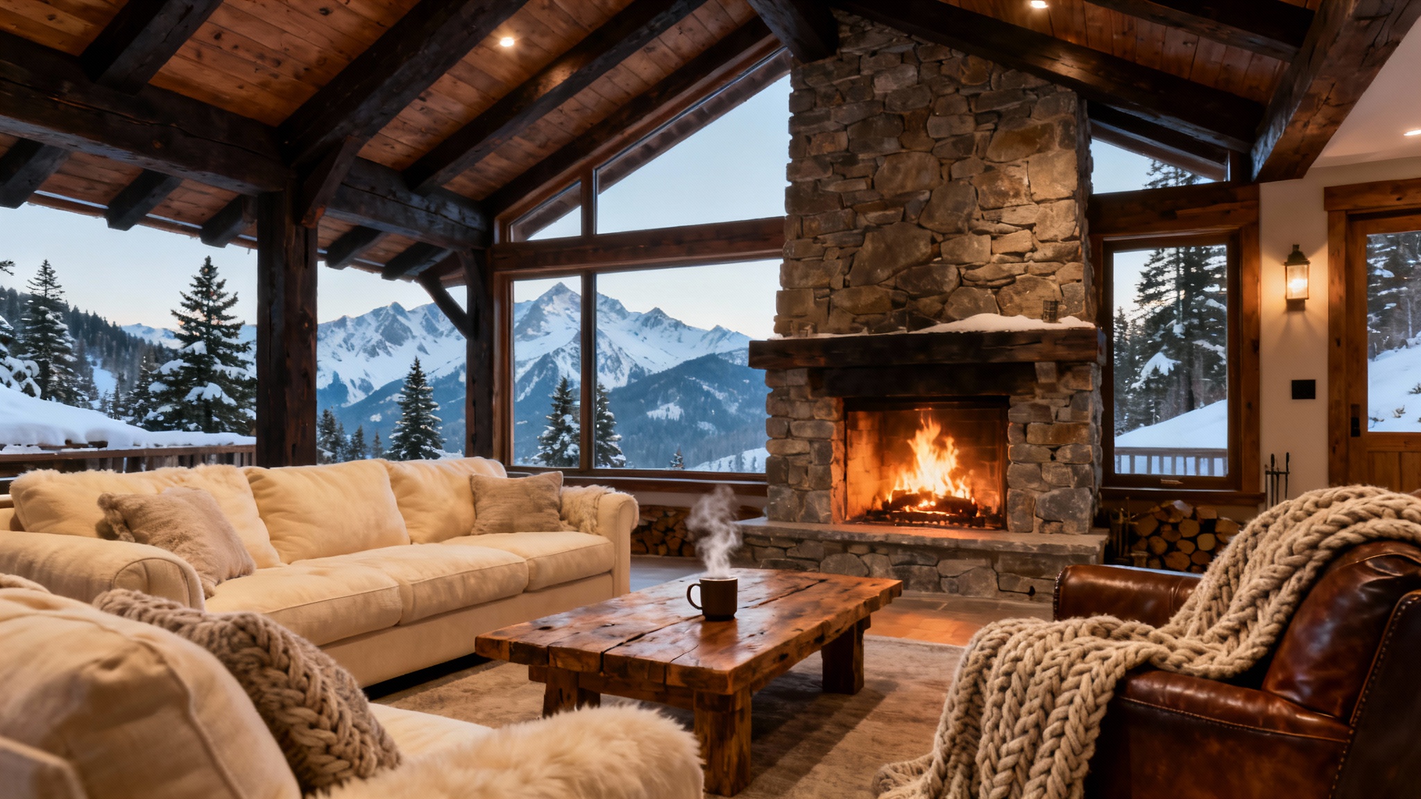 A luxurious and cozy mountain chalet living room featuring a large stone fireplace, comfortable seating with warm blankets, and a large window showing a snowy mountain landscape.