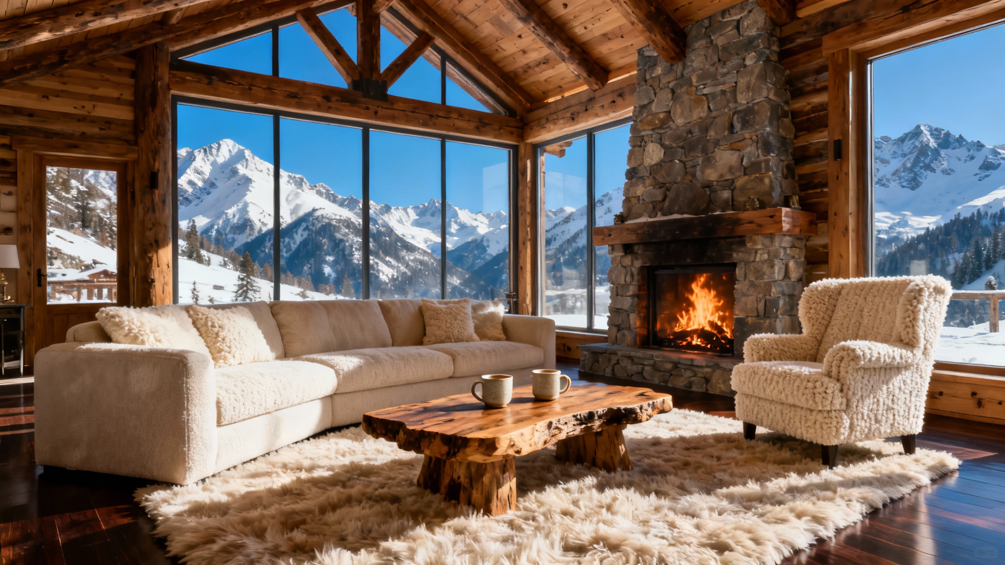 A luxurious and cozy mountain chalet interior with a large stone fireplace, comfortable seating, and a panoramic window view of snow-covered mountains.
