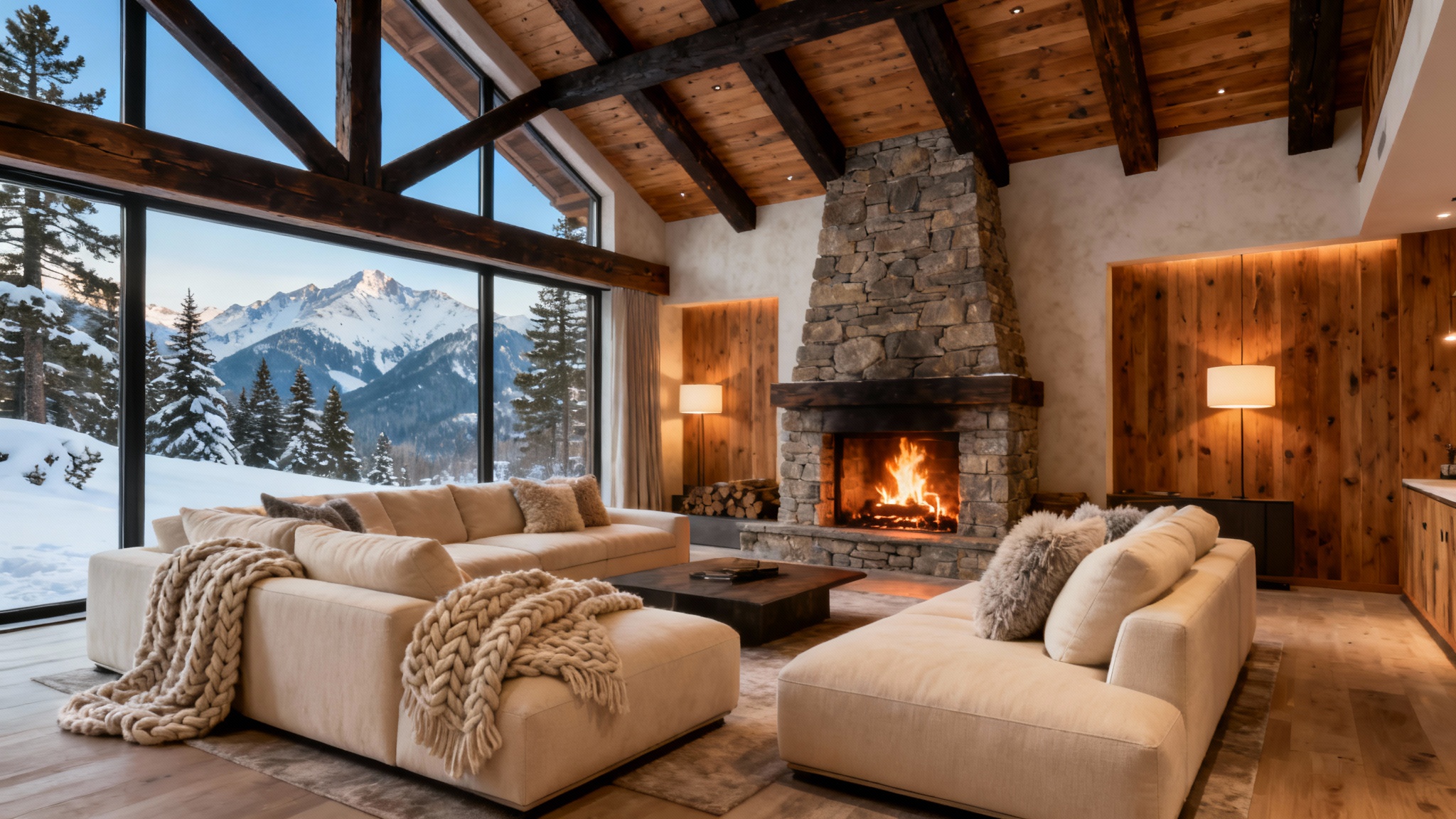 A luxurious and cozy mountain chalet living room with a large stone fireplace, comfortable sofa, and a stunning view of snowy mountains through a large window.