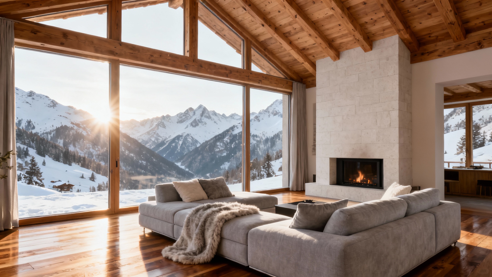 A bright and airy modern mountain chalet living room, featuring a plush sofa, a minimalist fireplace, and a large window with a stunning view of snow-covered mountains.