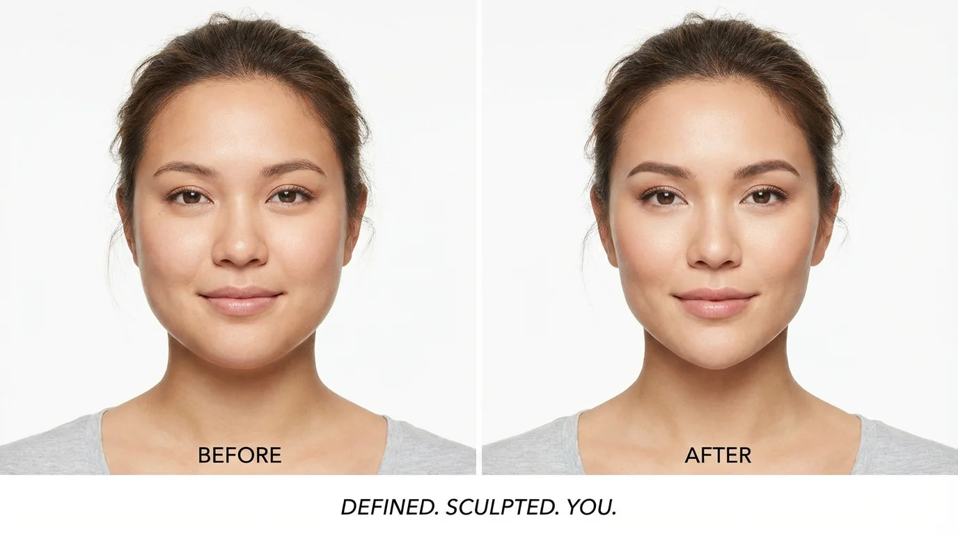 A before-and-after split image demonstrating a face slimming effect. The left side shows a woman with a rounder face, and the right side shows the same woman with a visibly slimmer, more defined facial structure.