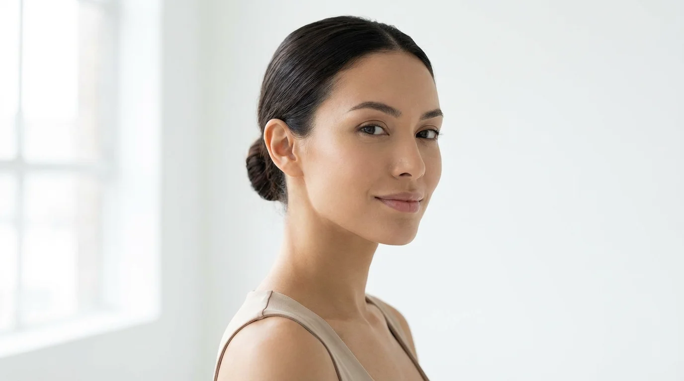 A close-up beauty shot of a woman with a very slim and defined face and jawline, posing against a clean white background.