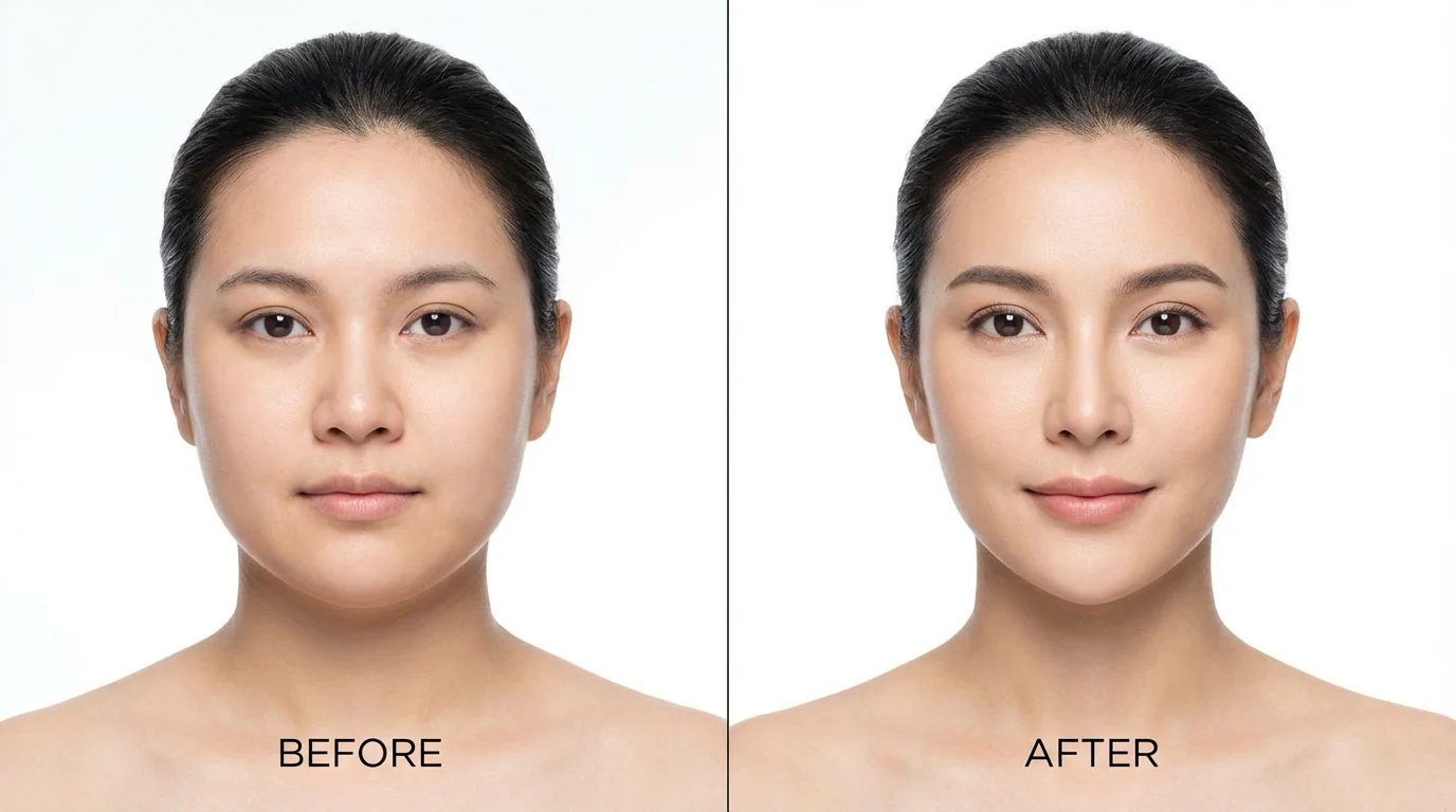 A before-and-after comparison image showing a woman's face. The left side displays her natural features, while the right side is subtly slimmed down to showcase a face slimming effect.