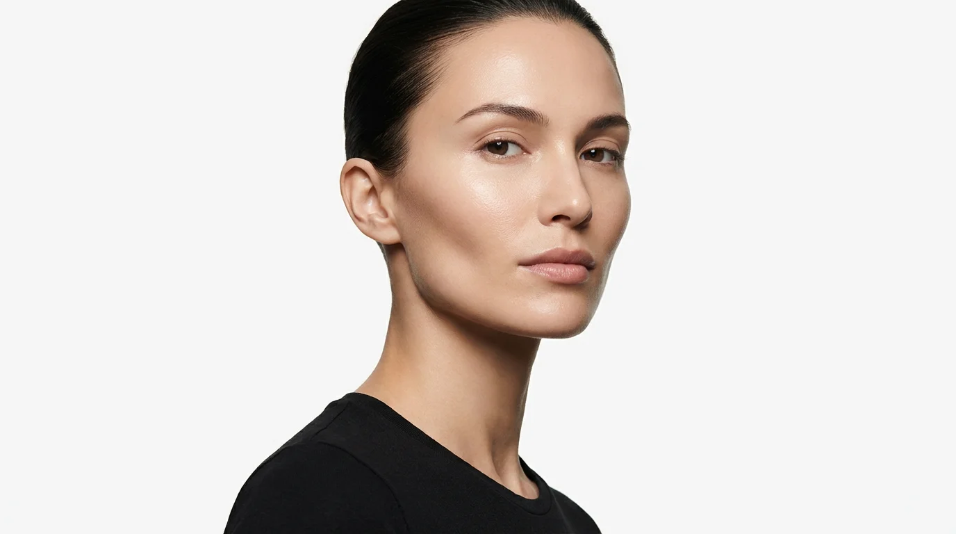 A close-up beauty photograph showing a woman's face with a prominently defined and slim jawline, illustrating the effect of a face slimmer, against a white background.