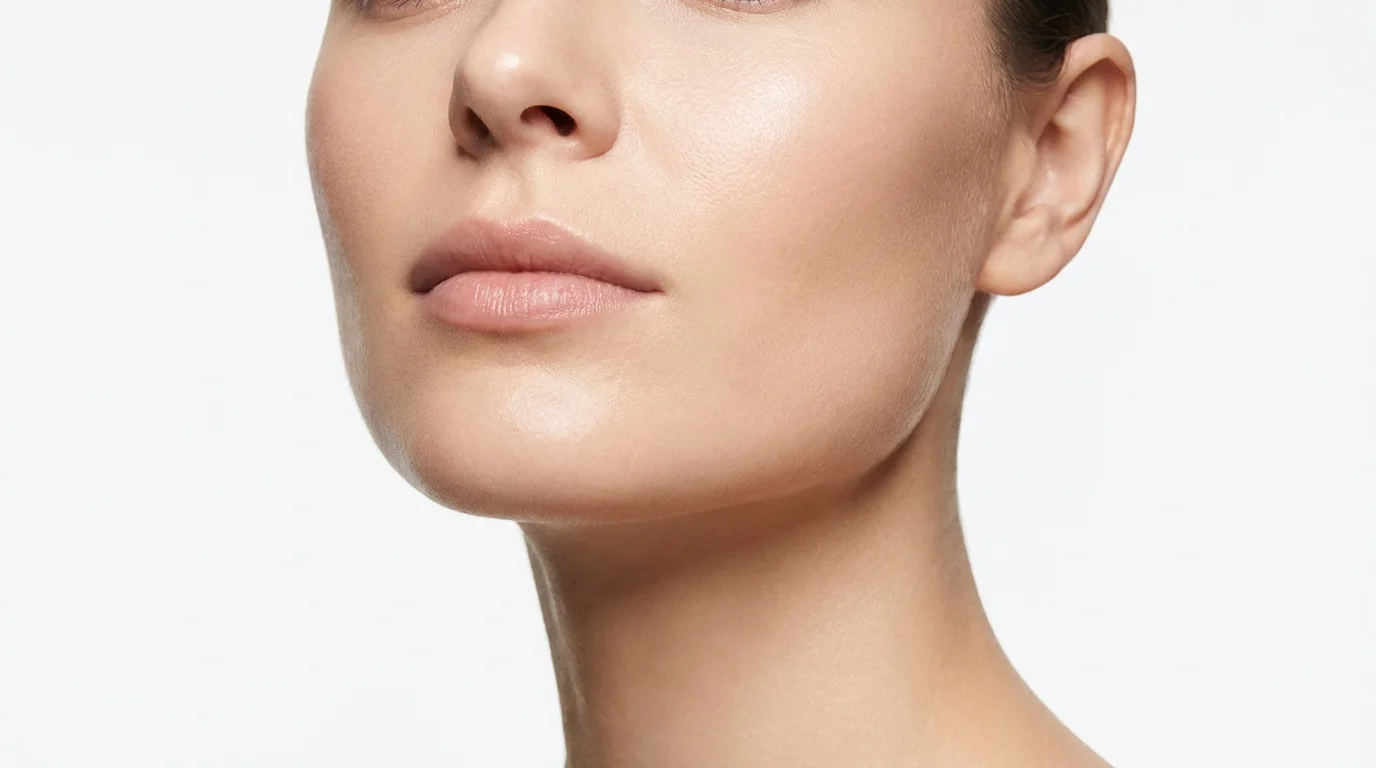 A close-up beauty shot focusing on a woman's perfectly slim and defined jawline against a clean white background, illustrating the effect of a face slimmer.
