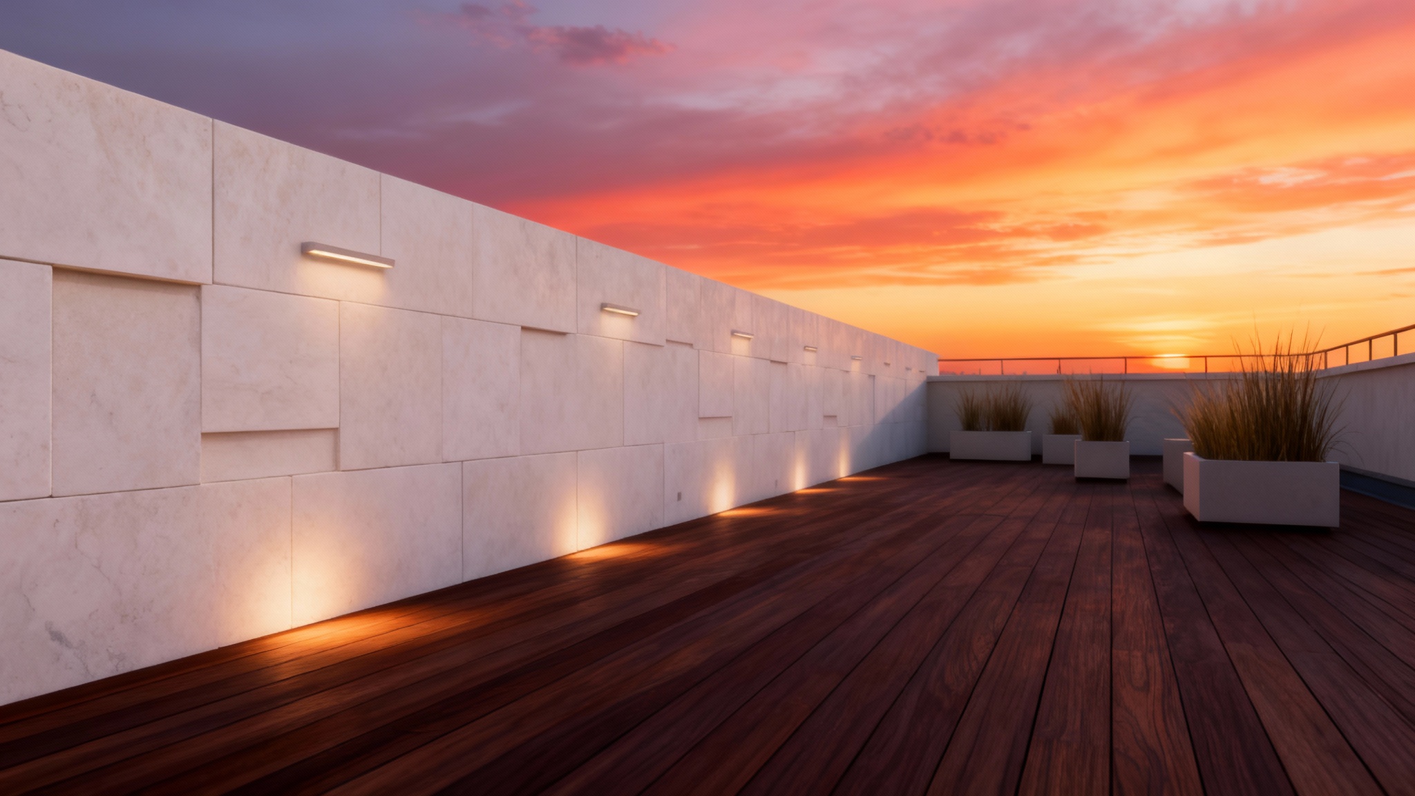A photorealistic rendering of a modern parapet wall on a luxury rooftop at sunset, showcasing a final architectural design.