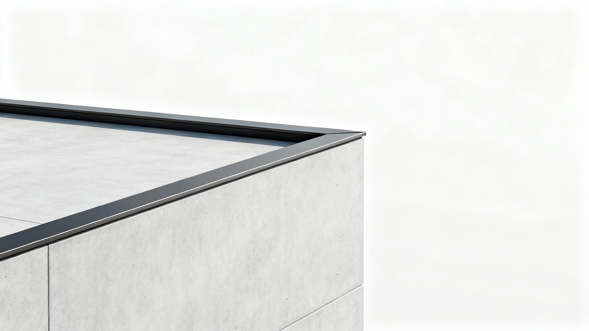 A detailed, photorealistic image of a modern parapet wall design, showing the corner of a flat roof with a gray concrete and dark metal wall against a clean white background.