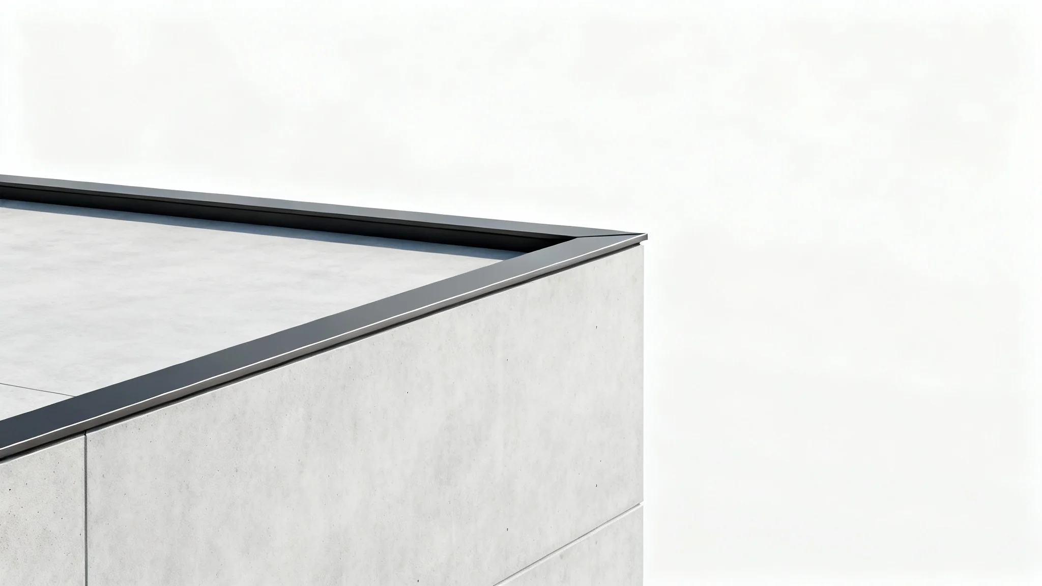A detailed, photorealistic image of a modern parapet wall design, showing the corner of a flat roof with a gray concrete and dark metal wall against a clean white background.