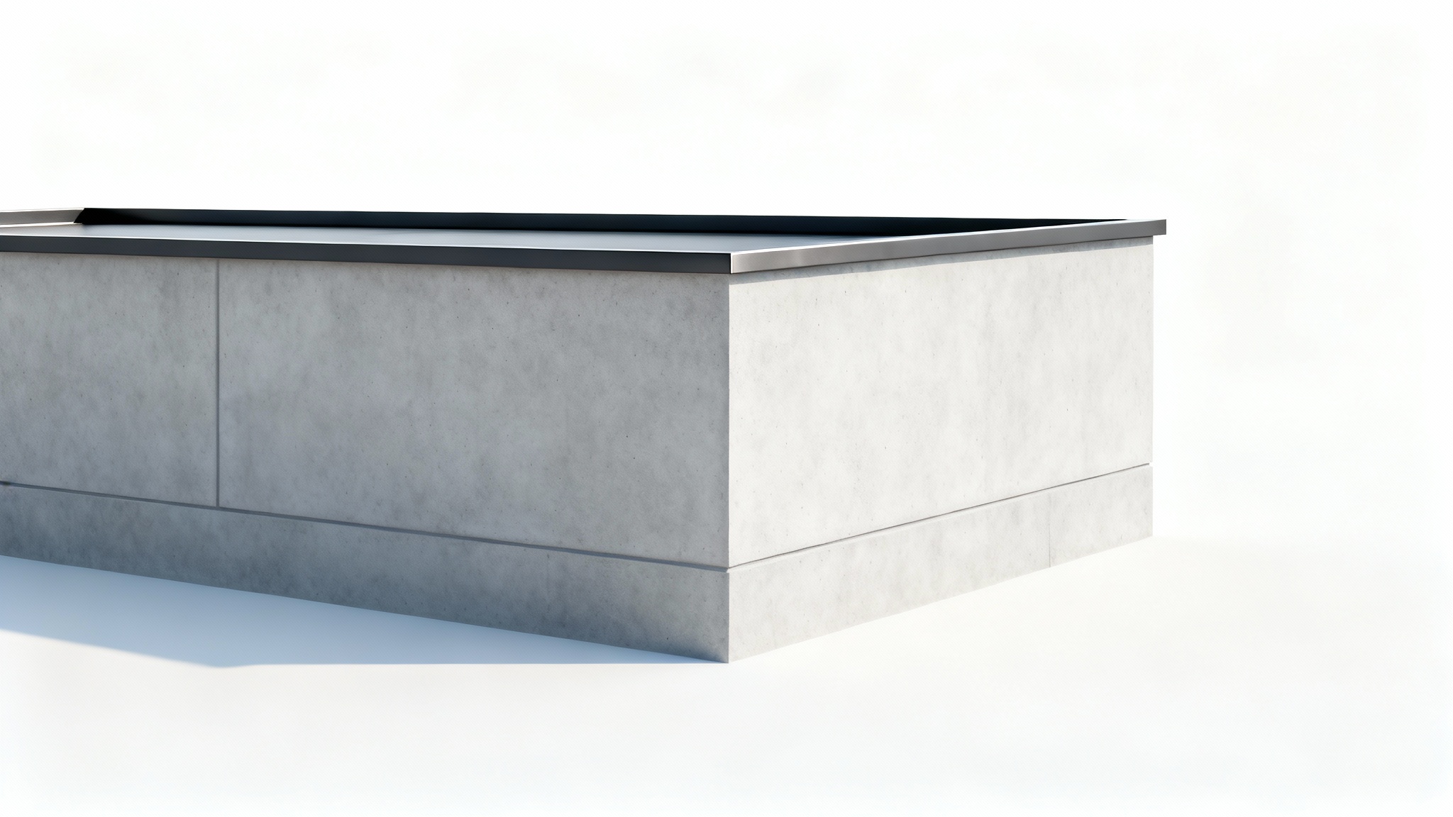 A photorealistic image of a modern parapet wall corner made of smooth gray concrete, shown against a solid white background.