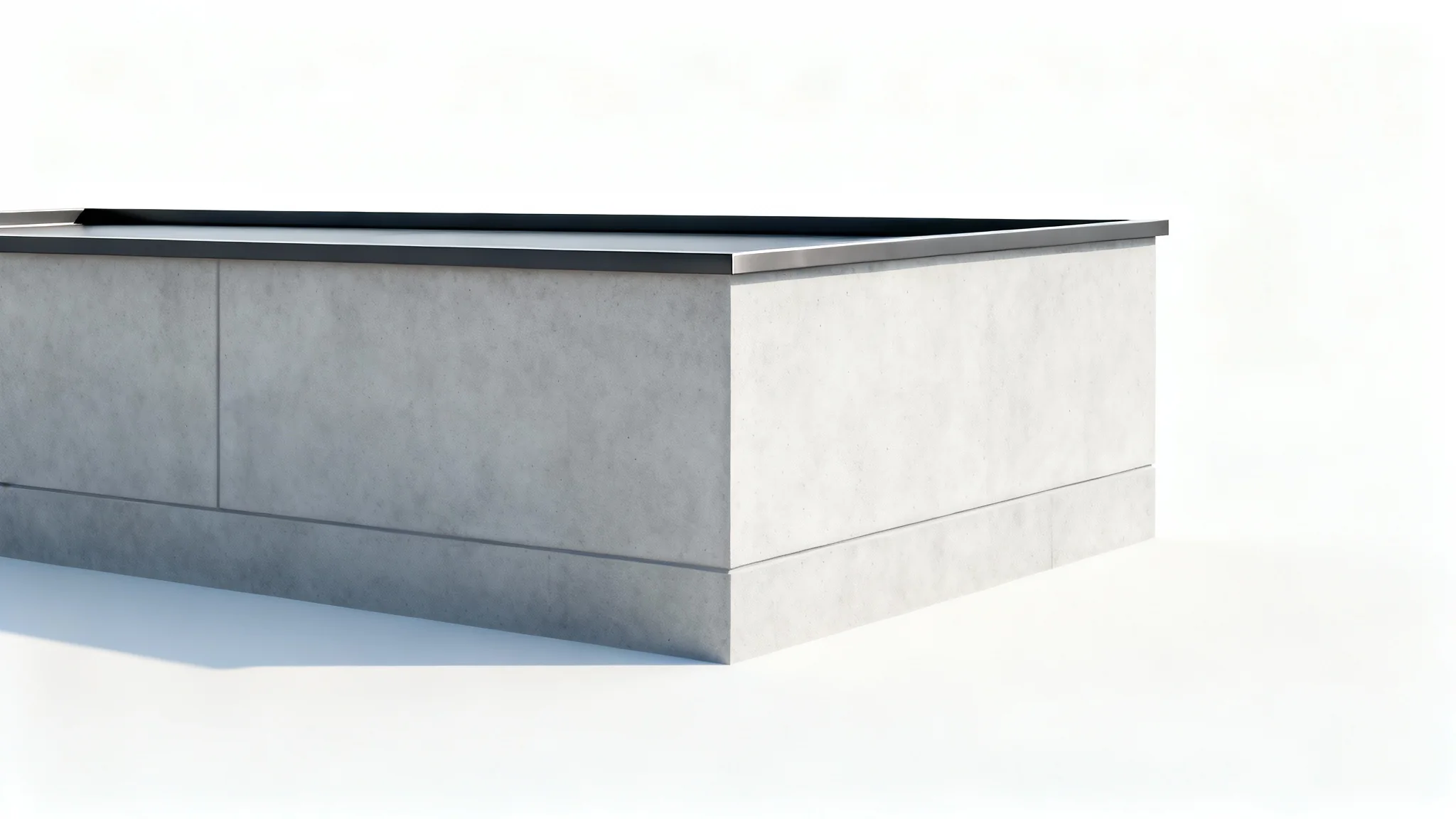 A photorealistic image of a modern parapet wall corner made of smooth gray concrete, shown against a solid white background.