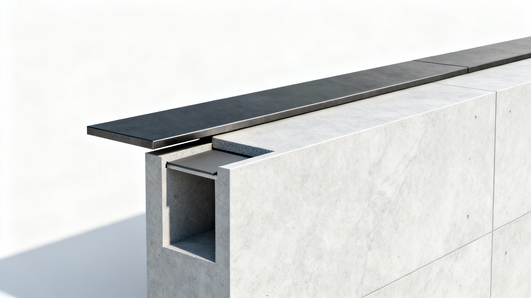 An architectural model showcasing a modern parapet wall design, featuring a smooth concrete wall with a dark metal cap, isolated against a white background.
