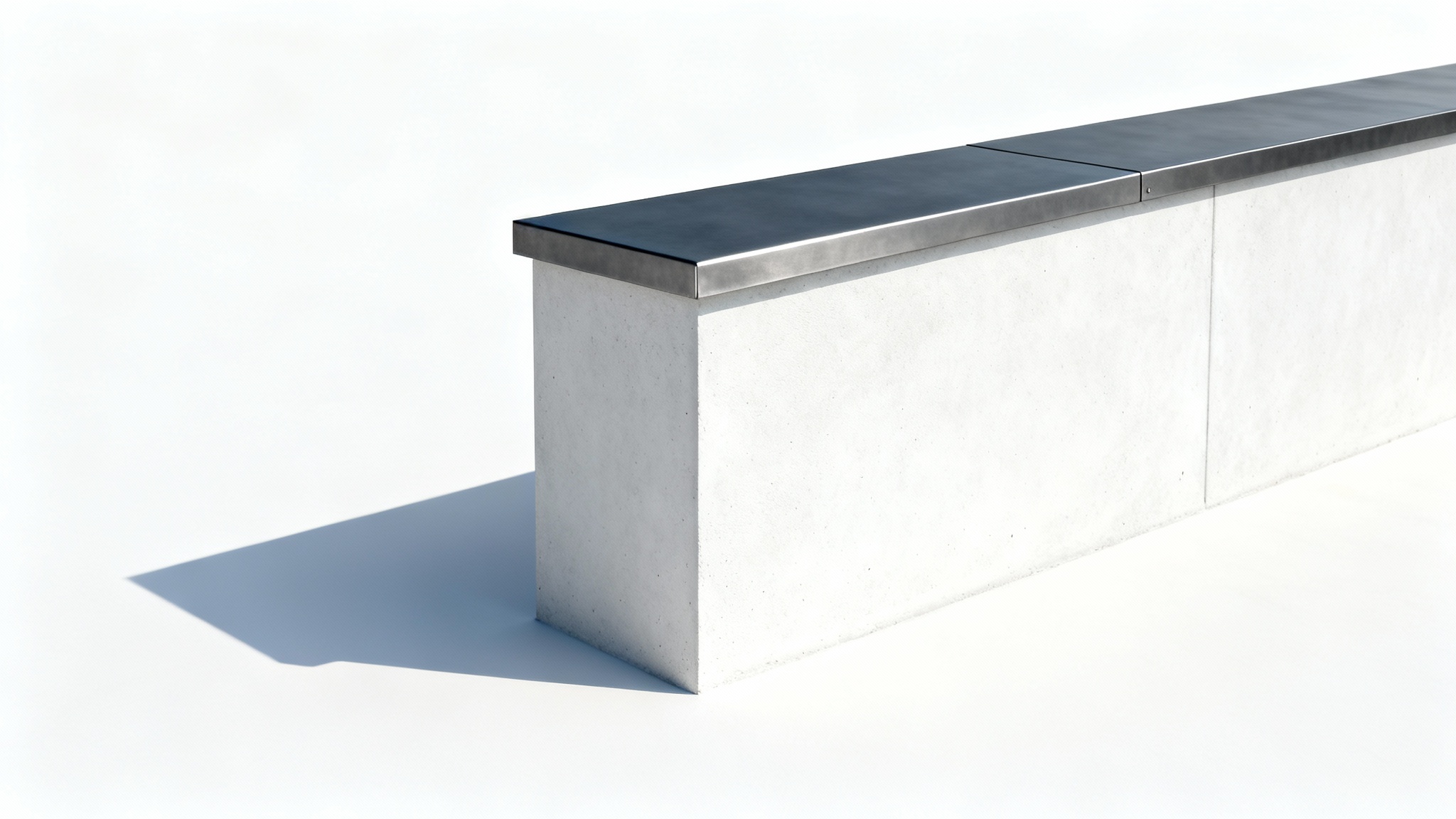 A modern architectural design of a white parapet wall with a dark metal coping, shown against a clean white background.