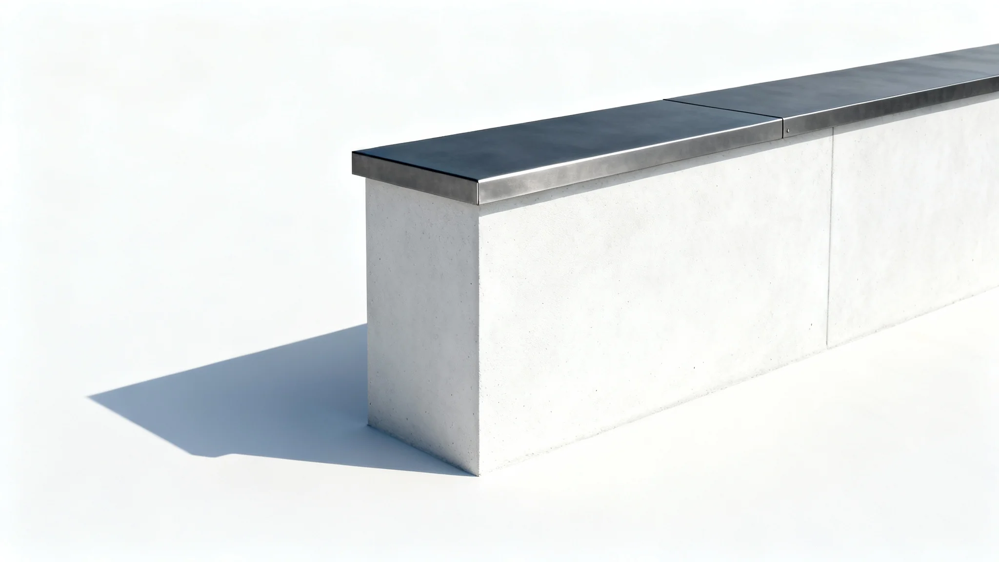 A modern architectural design of a white parapet wall with a dark metal coping, shown against a clean white background.