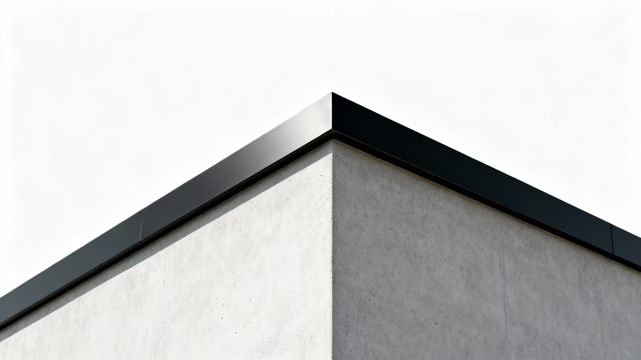 A detailed architectural mockup of a modern parapet wall with a light-gray concrete base and a matte black metal coping, shown against a clean white background.