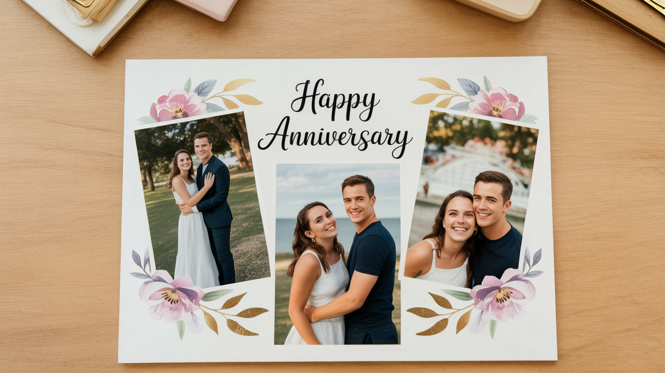 A professionally designed anniversary photo collage showing several pictures of a happy couple on a soft pastel background, with elegant floral accents and the text 'Happy Anniversary' in script.