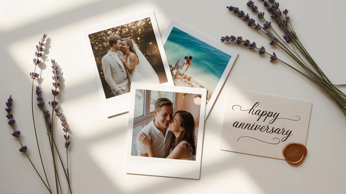 A flat-lay image of an anniversary photo collage featuring pictures of a happy couple, surrounded by dried flowers and a small card that says 'Happy Anniversary'.