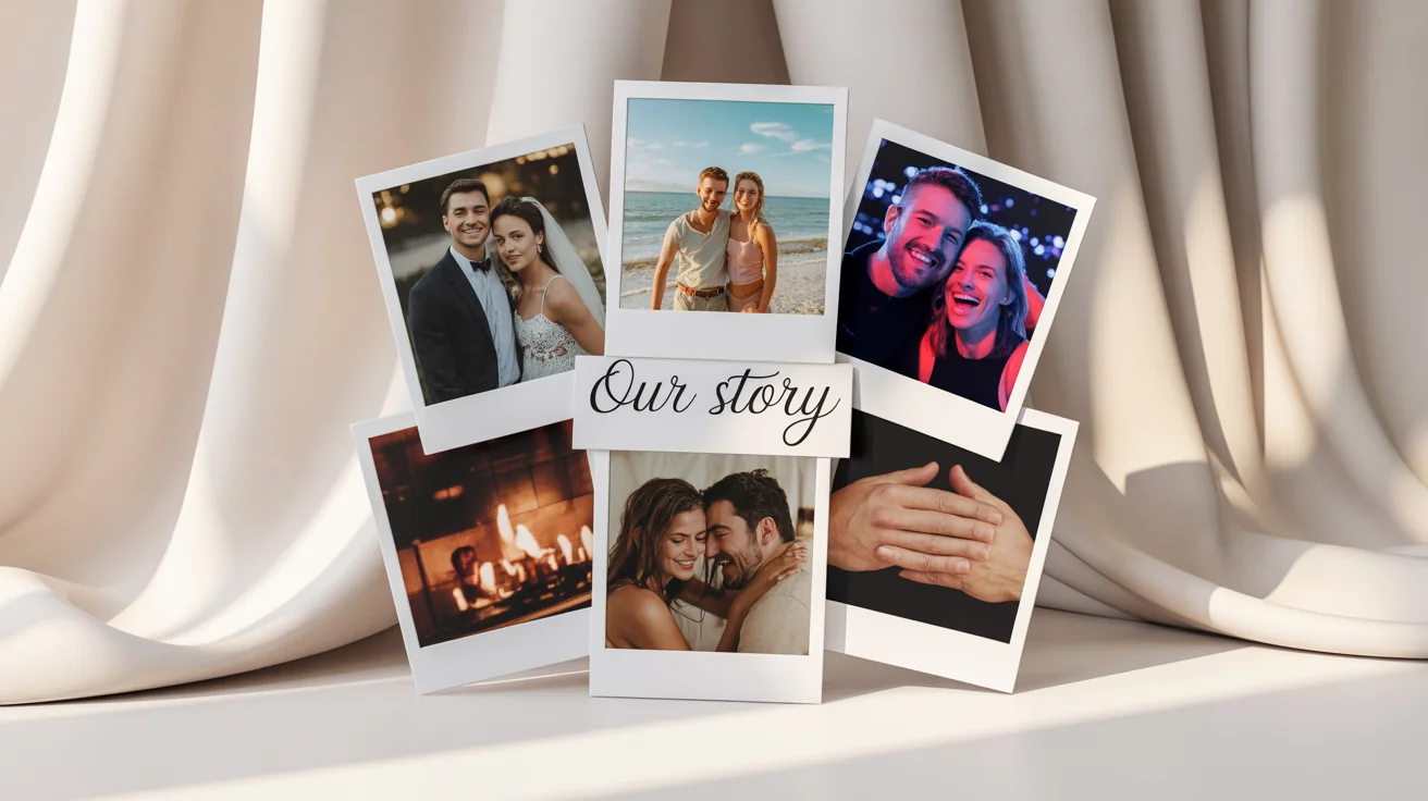 A romantic anniversary photo collage mockup featuring multiple pictures of a couple, with the text 'Our Story' in the middle, set against a white background.