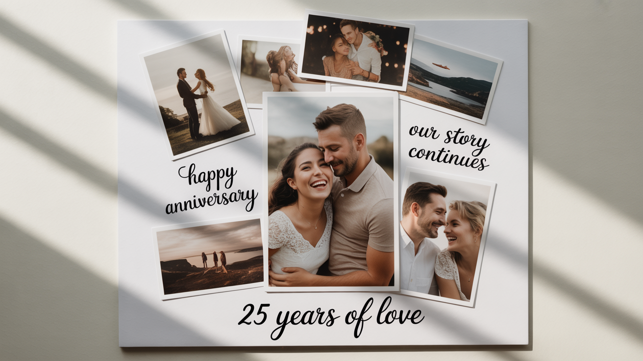A romantic anniversary photo collage mockup displayed on a white background, featuring various pictures of a couple and elegant text celebrating '25 Years of Love'.