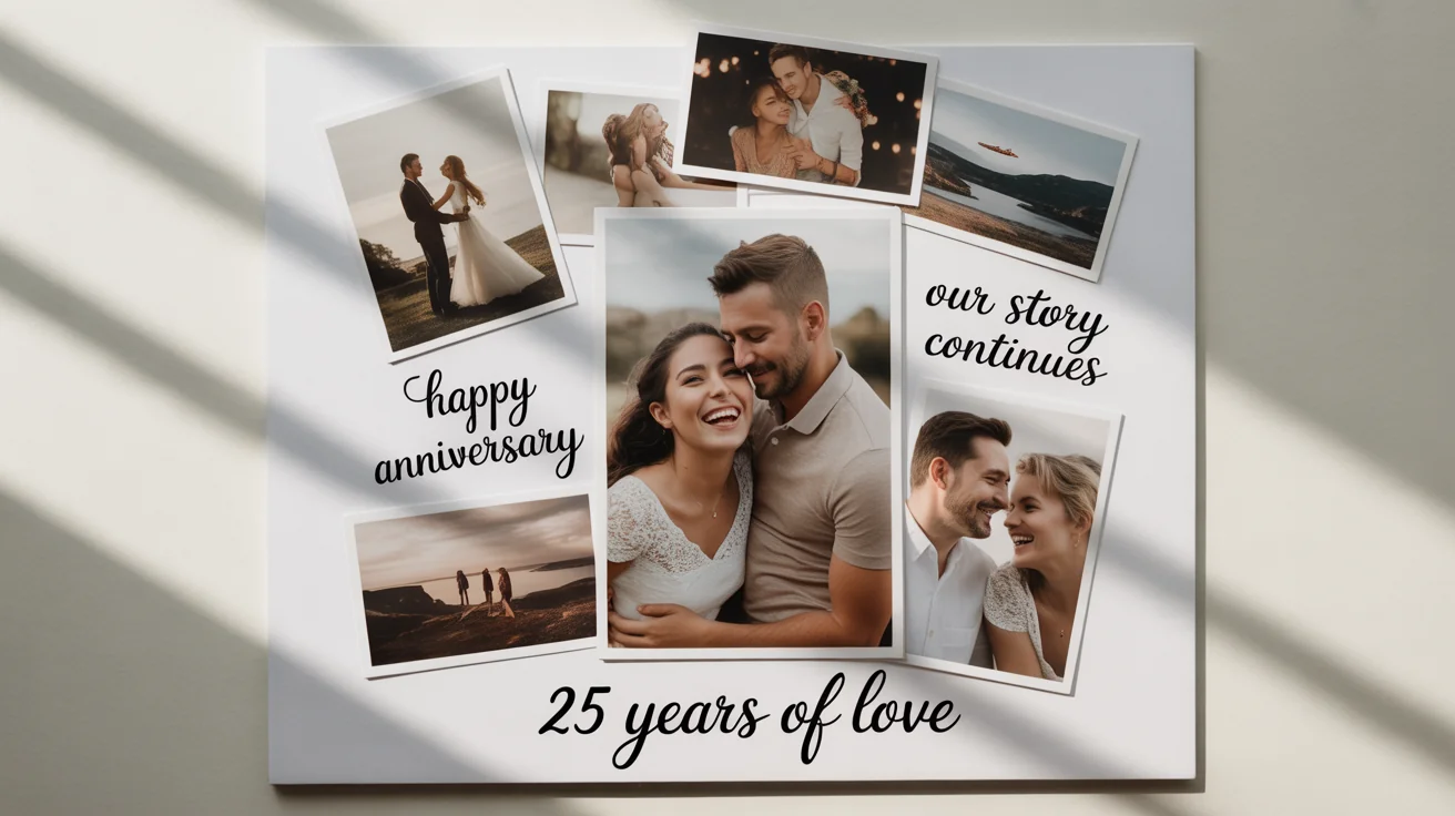 A romantic anniversary photo collage mockup displayed on a white background, featuring various pictures of a couple and elegant text celebrating '25 Years of Love'.