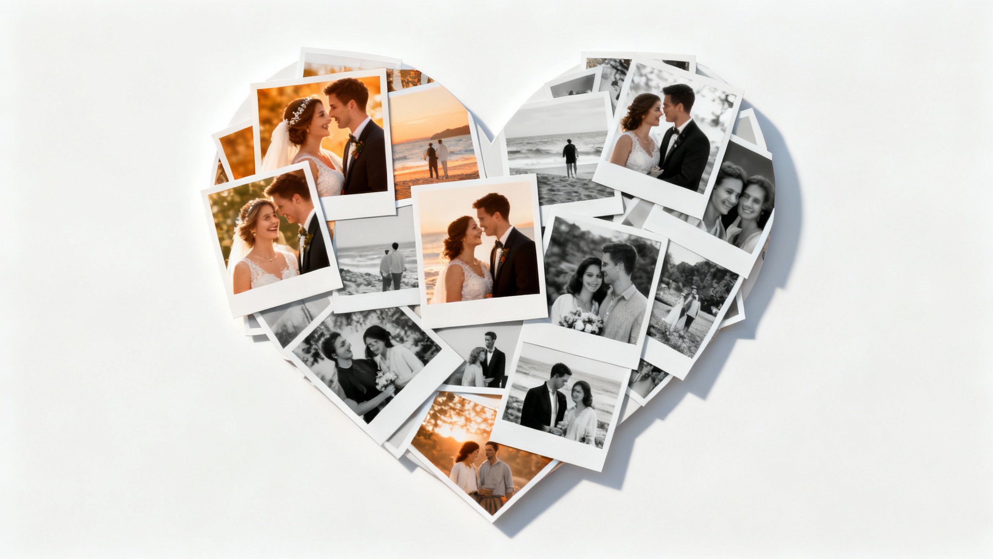 A heart-shaped photo collage mockup celebrating an anniversary, showing pictures of a happy couple throughout their relationship, displayed on a clean white background.