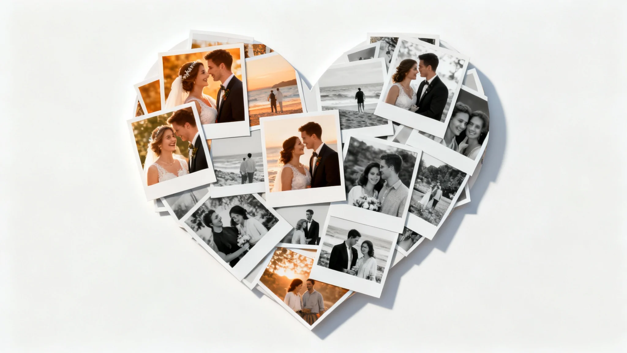 A heart-shaped photo collage mockup celebrating an anniversary, showing pictures of a happy couple throughout their relationship, displayed on a clean white background.
