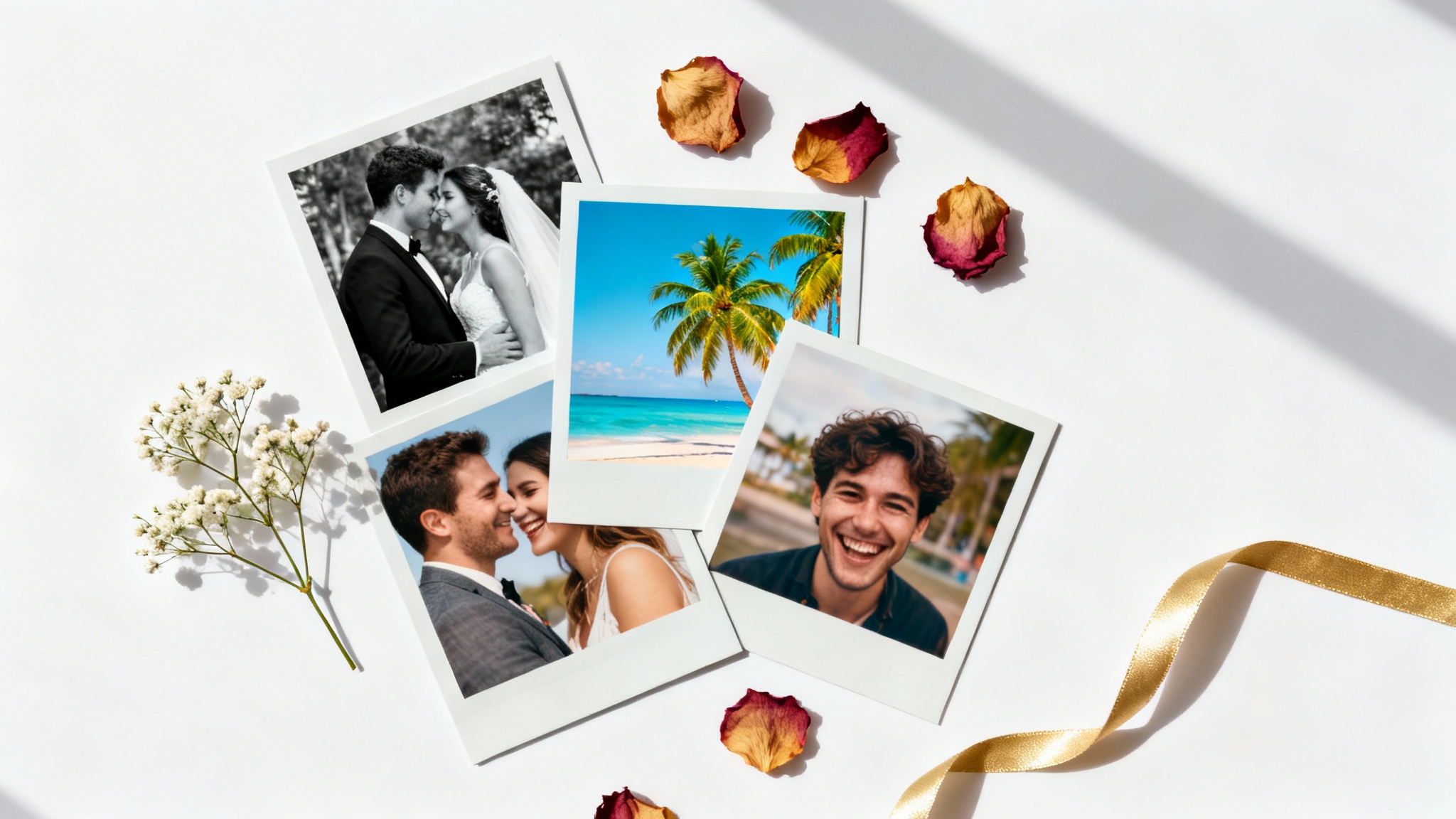 A flat lay of a beautiful anniversary photo collage showing a couple's photos, decorated with dried flowers and a gold ribbon on a white background.