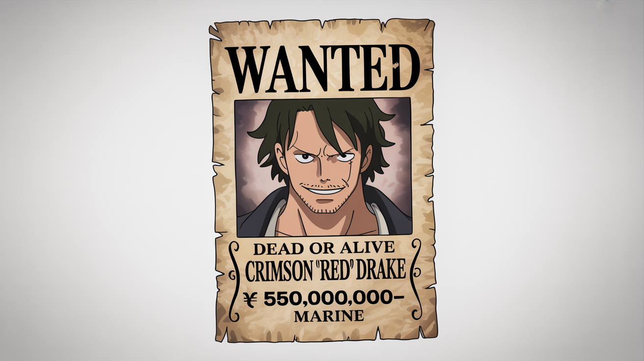 A mockup of a custom One Piece style wanted poster on a white background. The poster features a pirate named 'Crimson Red Drake' with a bounty of 550,000,000 berries.