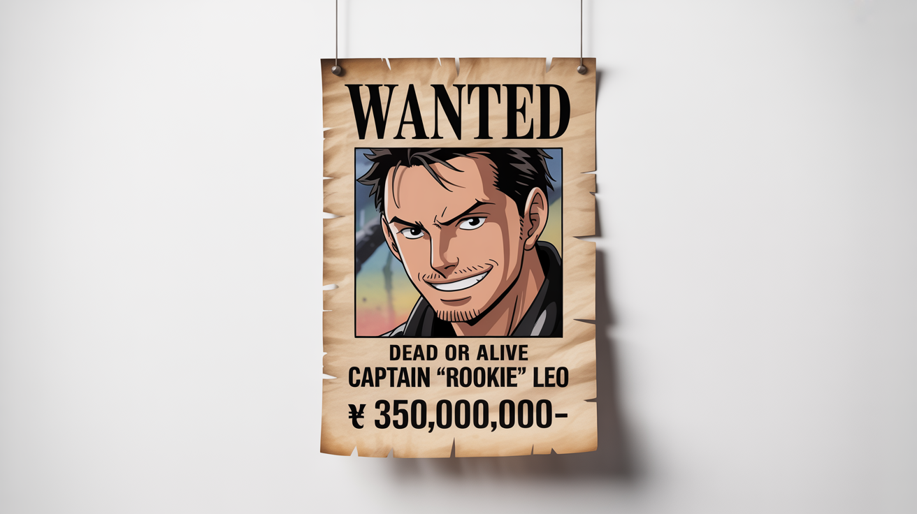 A mockup of a custom One Piece style bounty poster for 'Captain 'Rookie' Leo' with a bounty of 350,000,000. The poster features a realistic photo of a young man and is displayed on a clean white background.