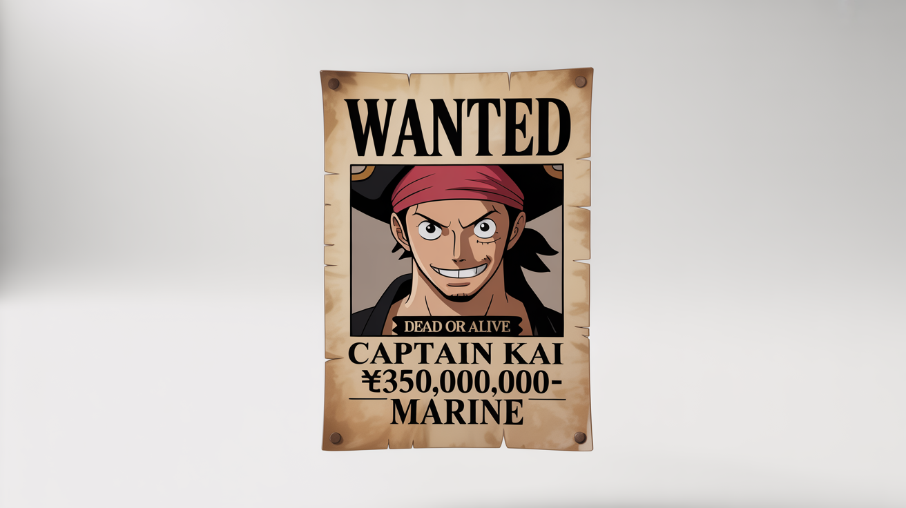 A custom One Piece style bounty poster on a white background, featuring a sepia photo of a young man and the words 'WANTED', 'DEAD OR ALIVE', 'CAPTAIN KAI', and a bounty of 350,000,000 Belly.