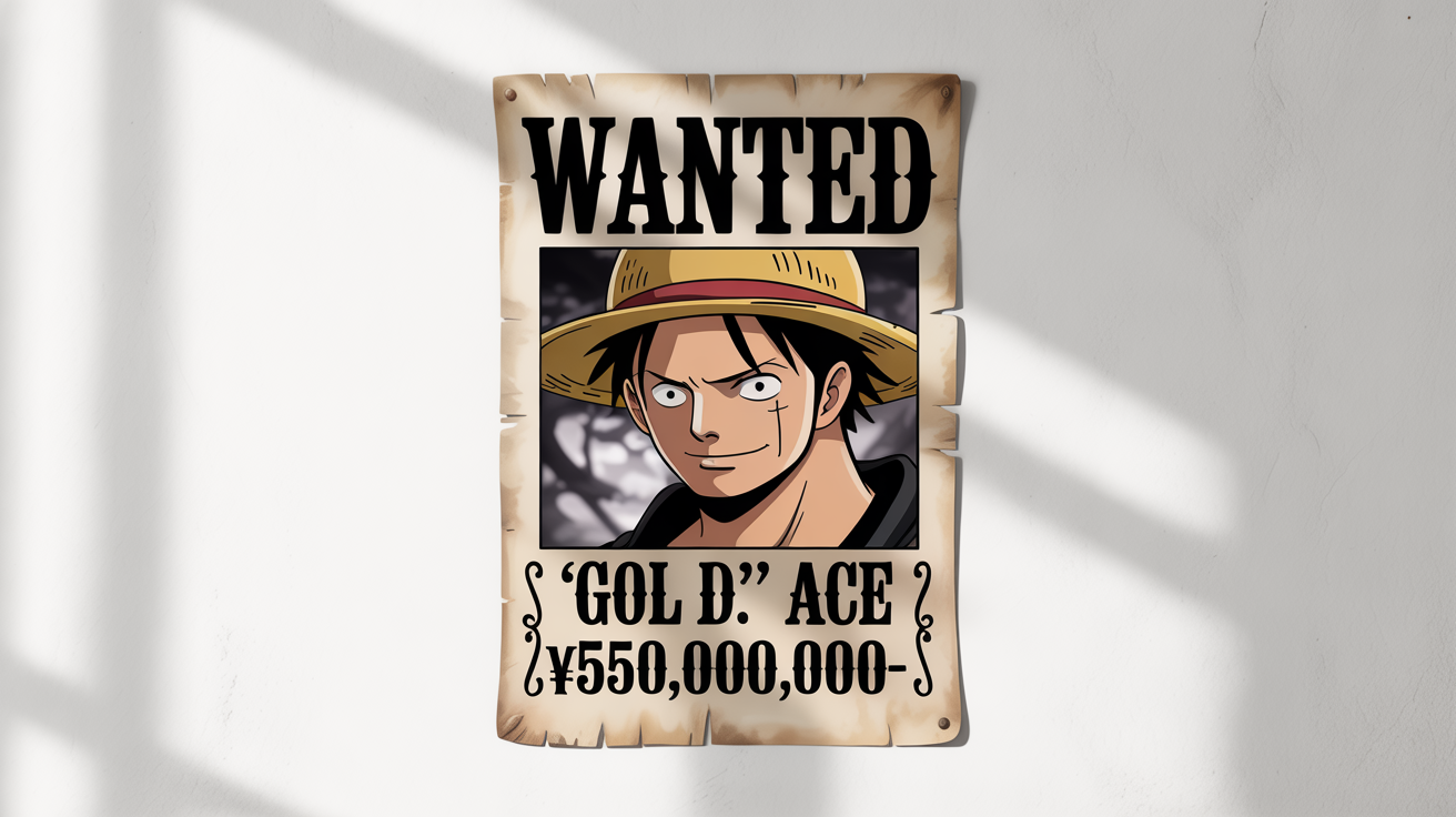 A mockup of a custom One Piece-style bounty poster featuring a fictional character named 'Gol D.' Ace with a bounty of 550,000,000 berries, displayed on a clean white background.