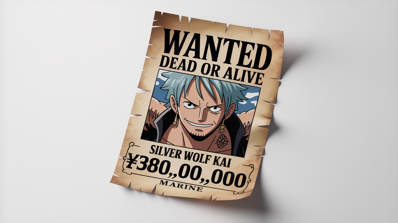 A custom One Piece style bounty poster for a fictional pirate named 'SILVER WOLF' KAI with a bounty of 380,000,000 Berries, presented as a product mockup on a plain white background.