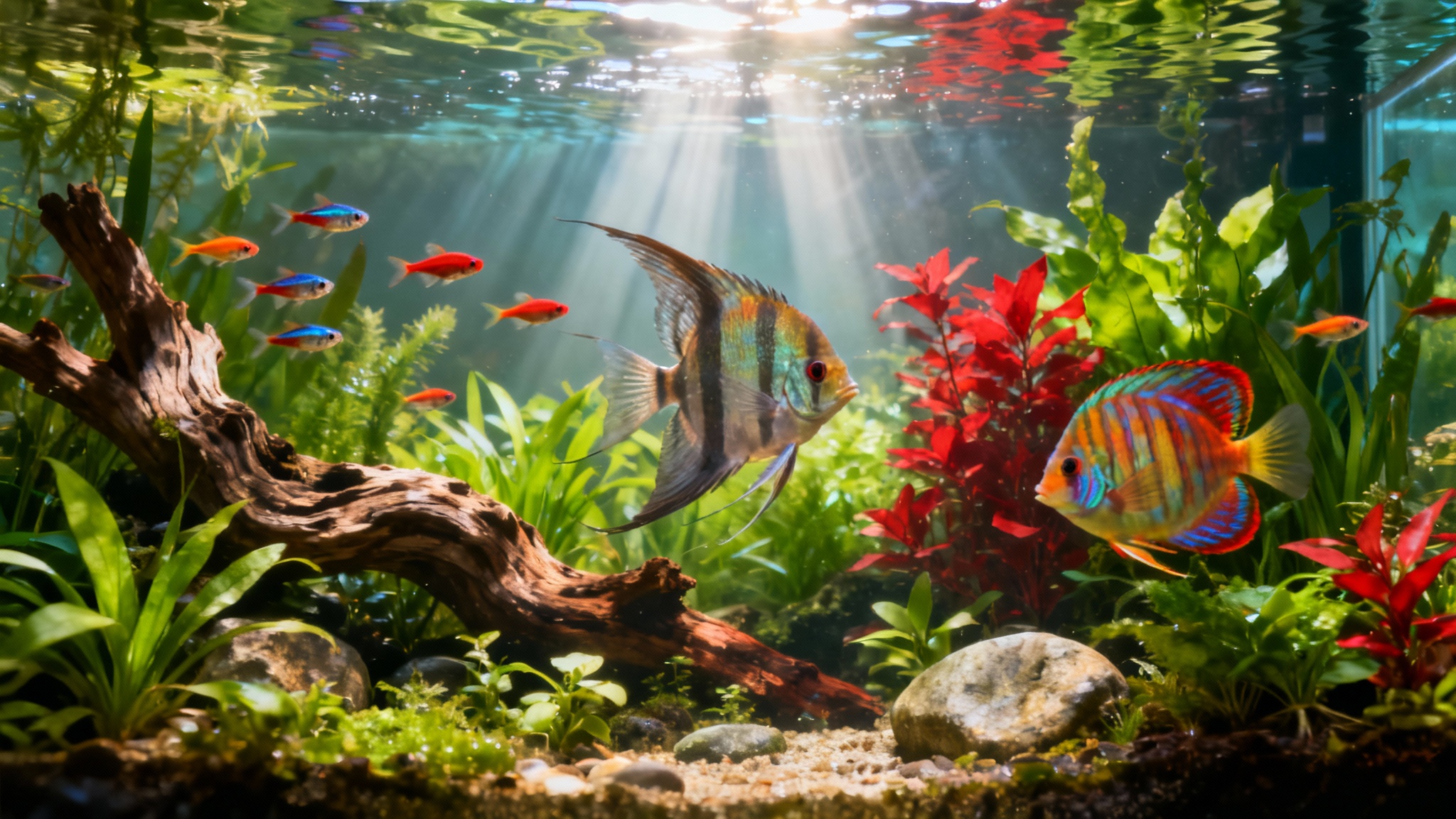 A beautiful high-definition digital wallpaper showing a vibrant, professionally designed aquarium with colorful fish and lush plants.