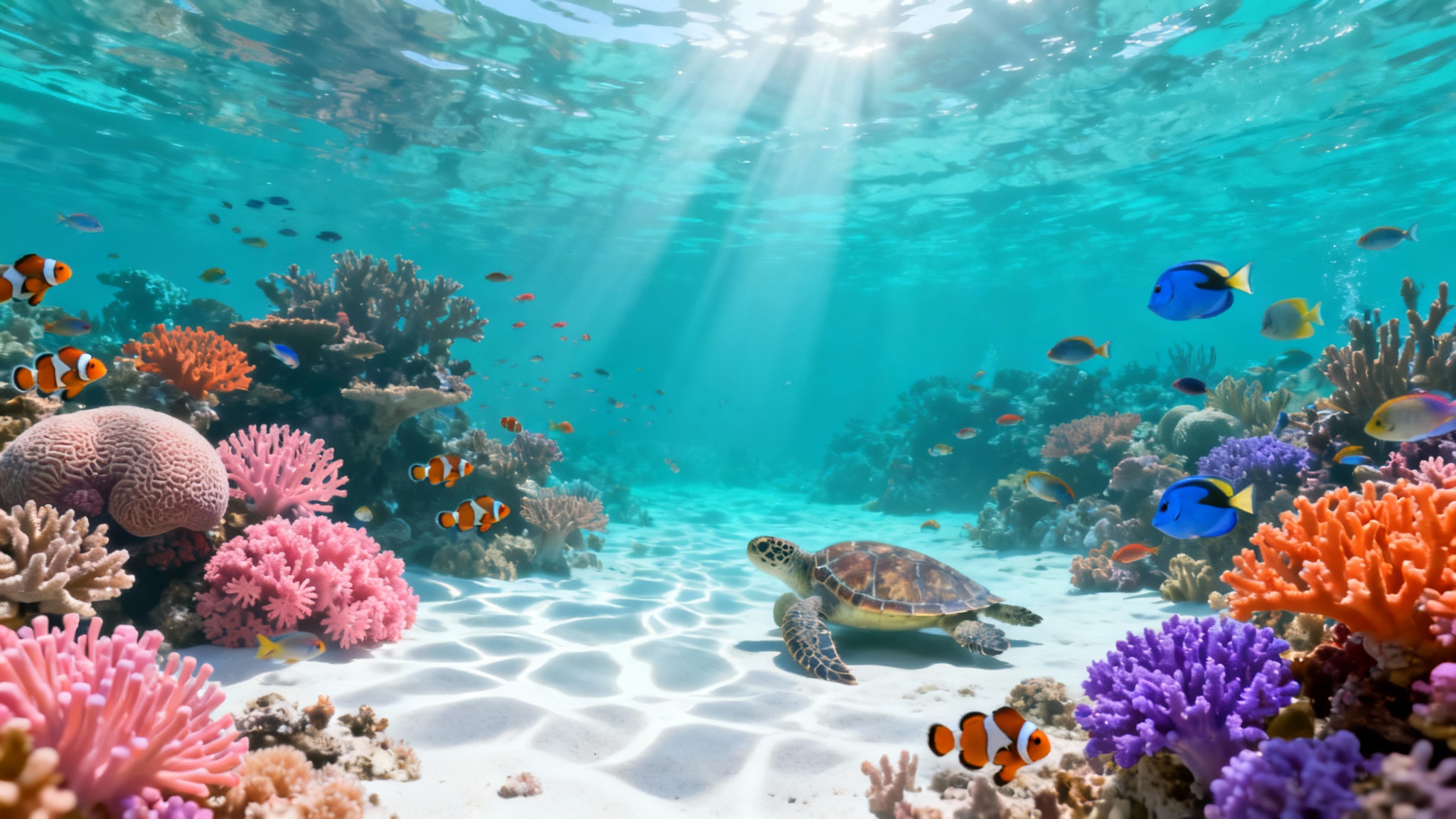 A vibrant and photorealistic digital wallpaper of an underwater aquarium, featuring colorful coral reefs, tropical fish, and a sea turtle swimming in crystal clear blue water.