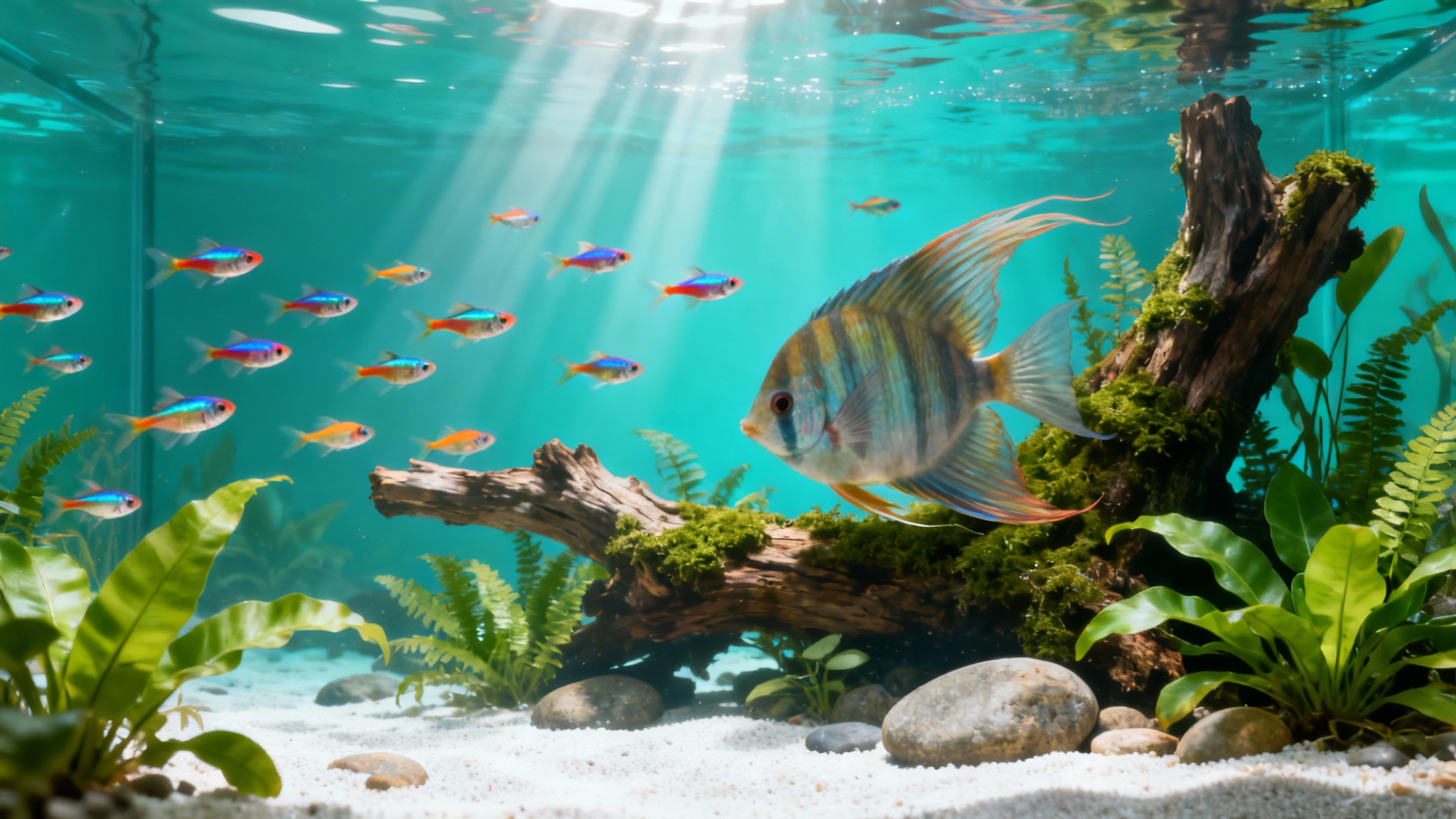 A hyperrealistic digital wallpaper of a beautiful tropical aquarium, featuring colorful fish like tetras and an angelfish swimming in clear water with lush green plants and driftwood.